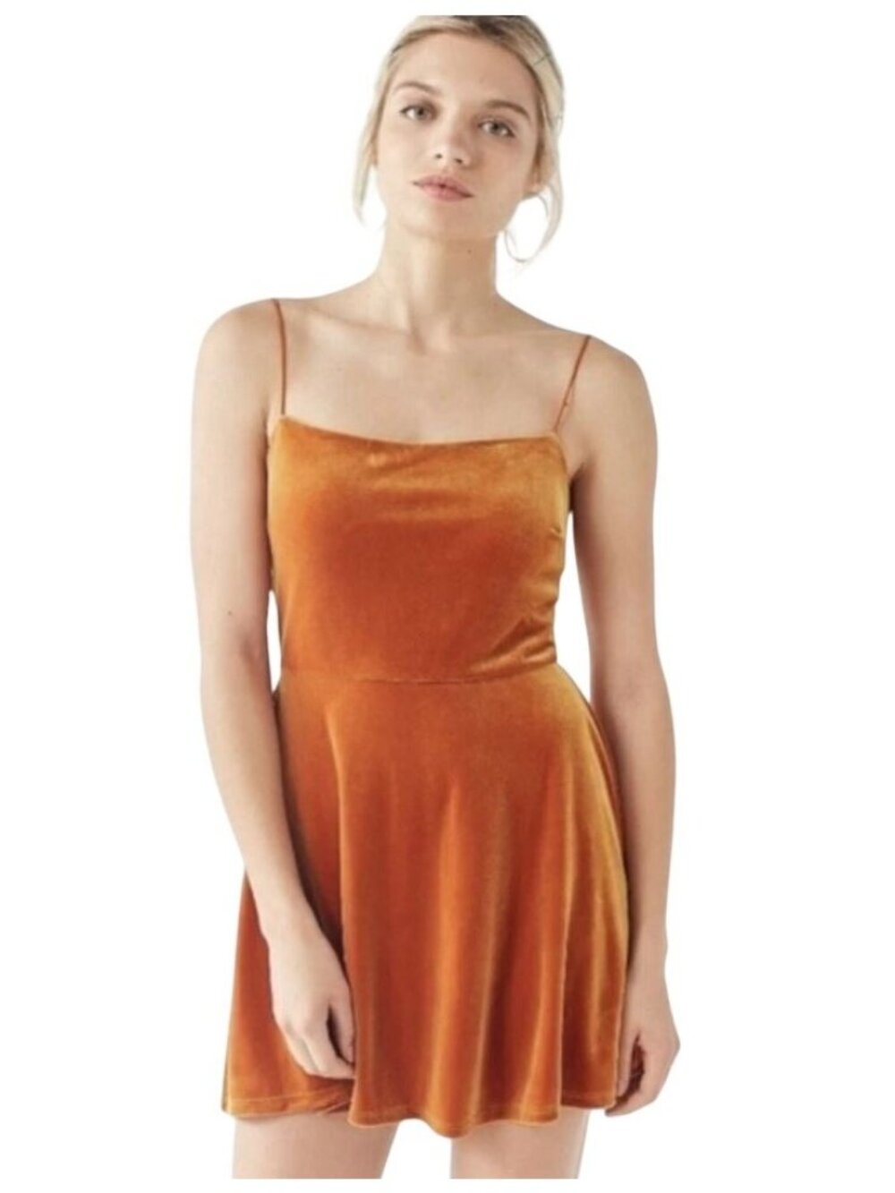Urban Outfitters Women's Mini Skater Dress XS Rust Orange Velvet Spaghetti Strap